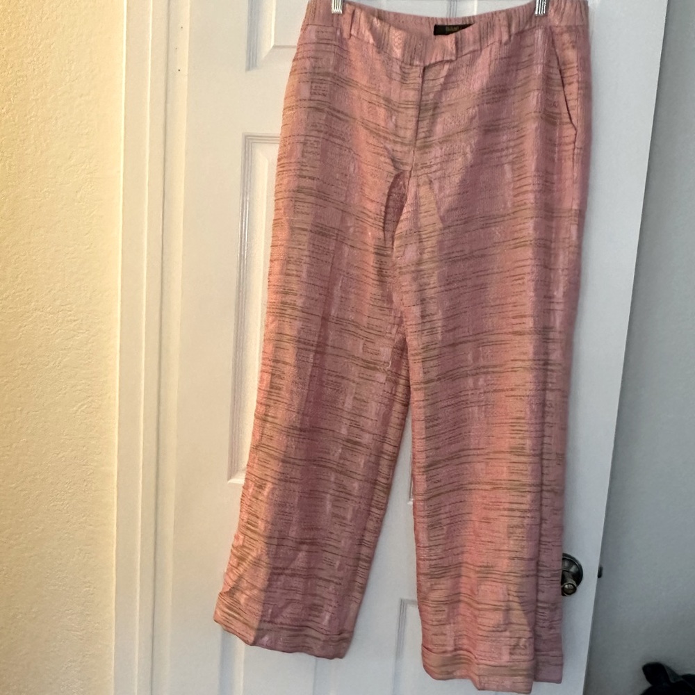 Banu Paris wide leg pink satin tweed trousers